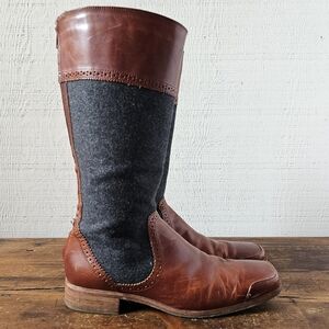 Riding style boots in brown leather & gray wool.
